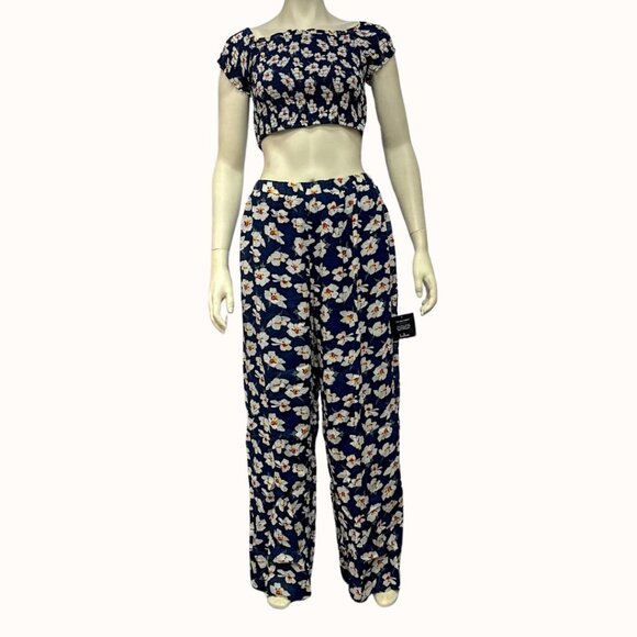 Lulus Pants - LULUS Flirty Flowers Navy Floral Print Smocked Two-Piece Jumpsuit, Size Large